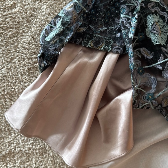 JS Collections brocade illusion over taupe satin gown. Lavender, aqua, teal. - Picture 10 of 13